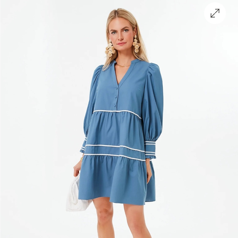 Tuckernuck Blue Tiered Mini Dress with Bishop Sleeves